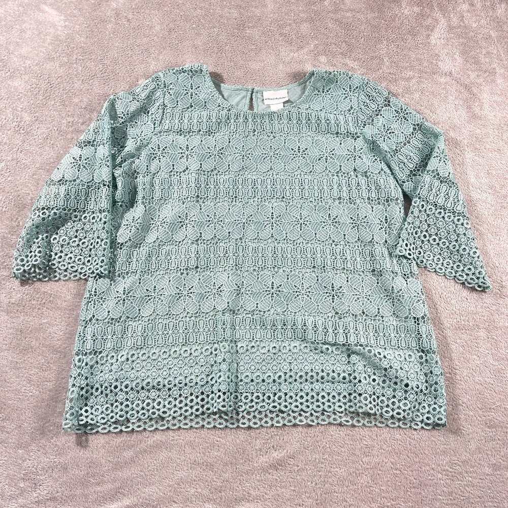 Alfred Dunner Teal Short Sleeve‎ Crochet Top L Coquet Cottagecore Grandma Eyelet